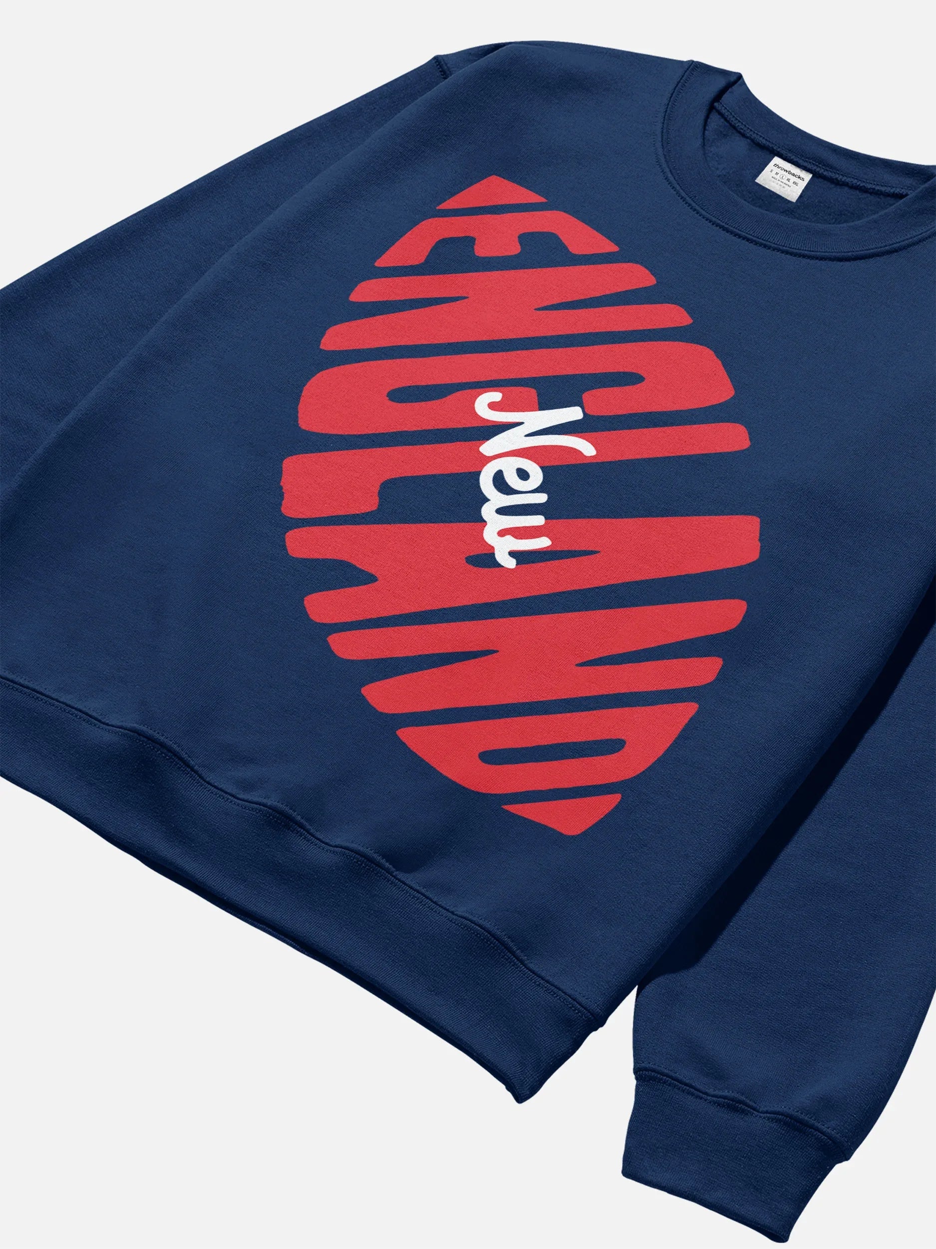 Cute old school vintage NEw England patriots football sweatshirt in navy with large oversized red and white graphic on a heavyweight crewneck for men and women