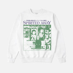 Cute Spirited Away japanese anime sweatshirt with green and purple retro design on a unisex white crewneck