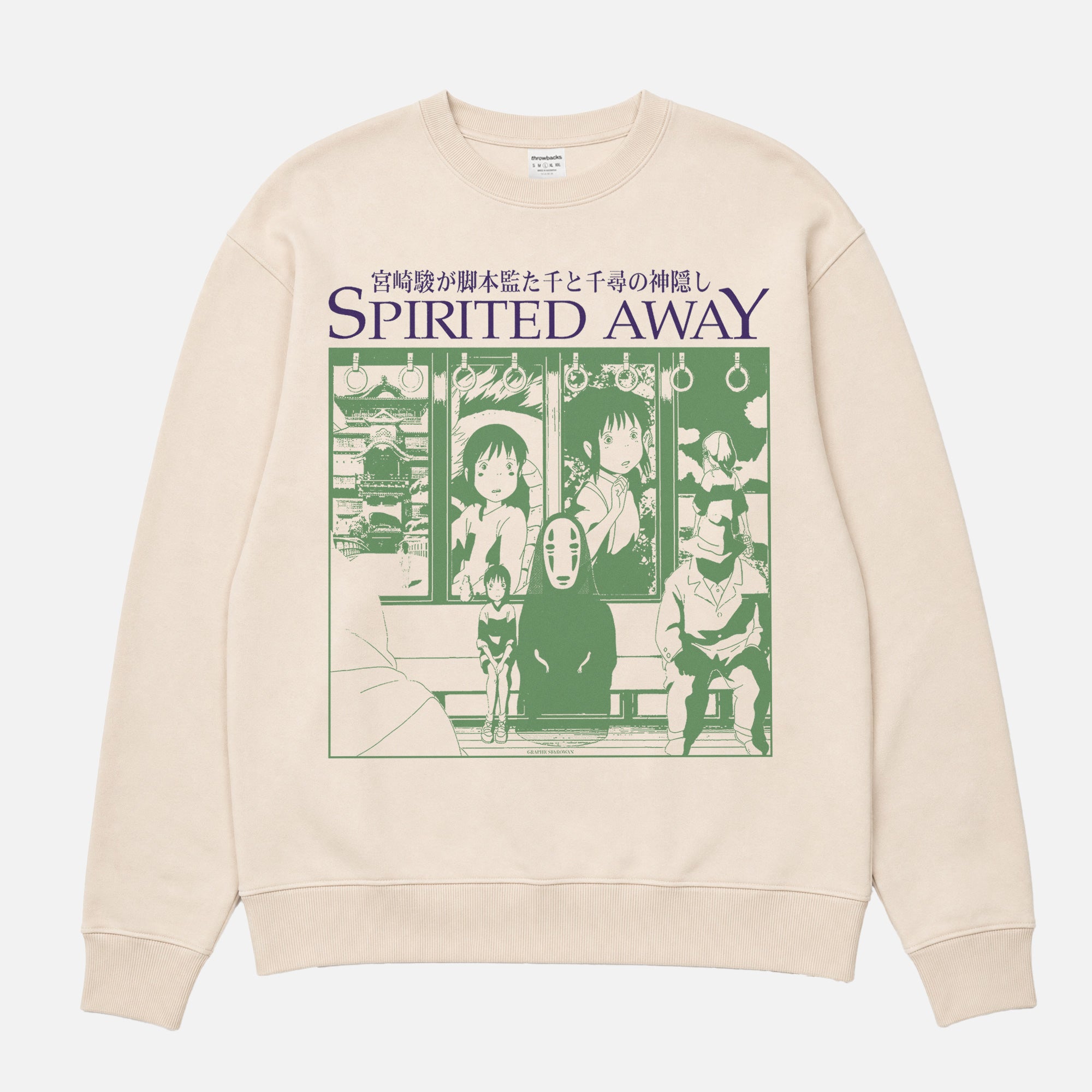 Cute Spirited Away japanese anime sweatshirt with green and purple retro design on a unisex beige crewneck