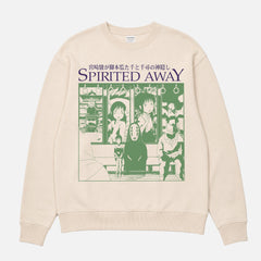 Cute Spirited Away japanese anime sweatshirt with green and purple retro design on a unisex beige crewneck