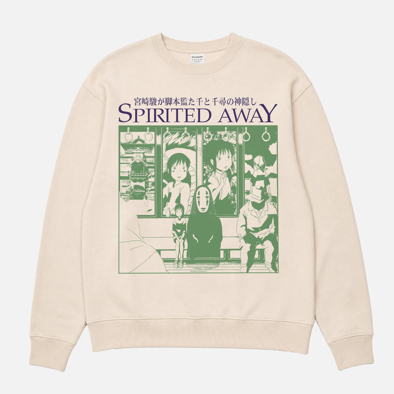 Cute Spirited Away japanese anime sweatshirt with green and purple retro design on a unisex beige crewneck