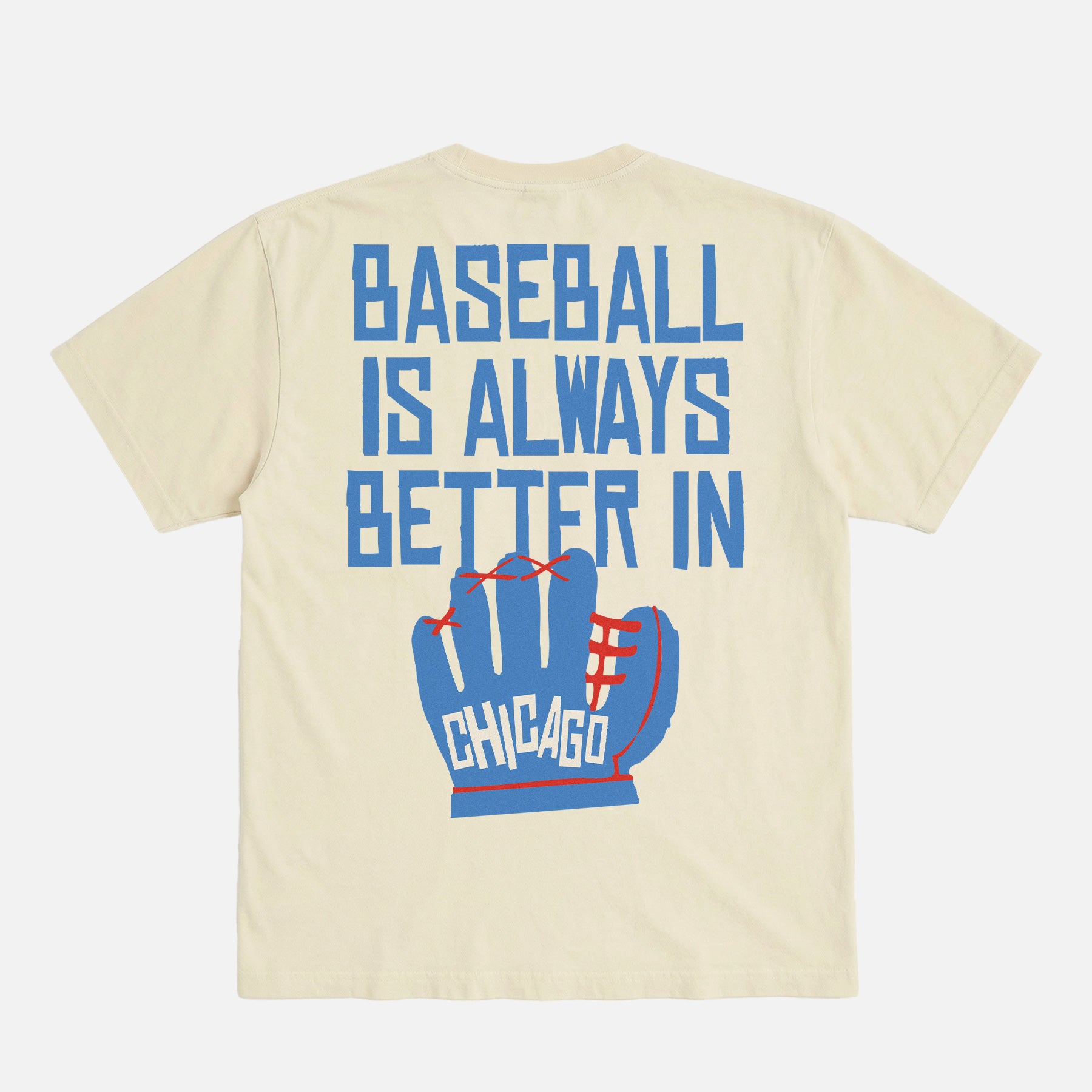Cute vintage Chicago Cubs graphic tee with blue and red baseball glove illustration and front and back print on a unisex off white t-shirt