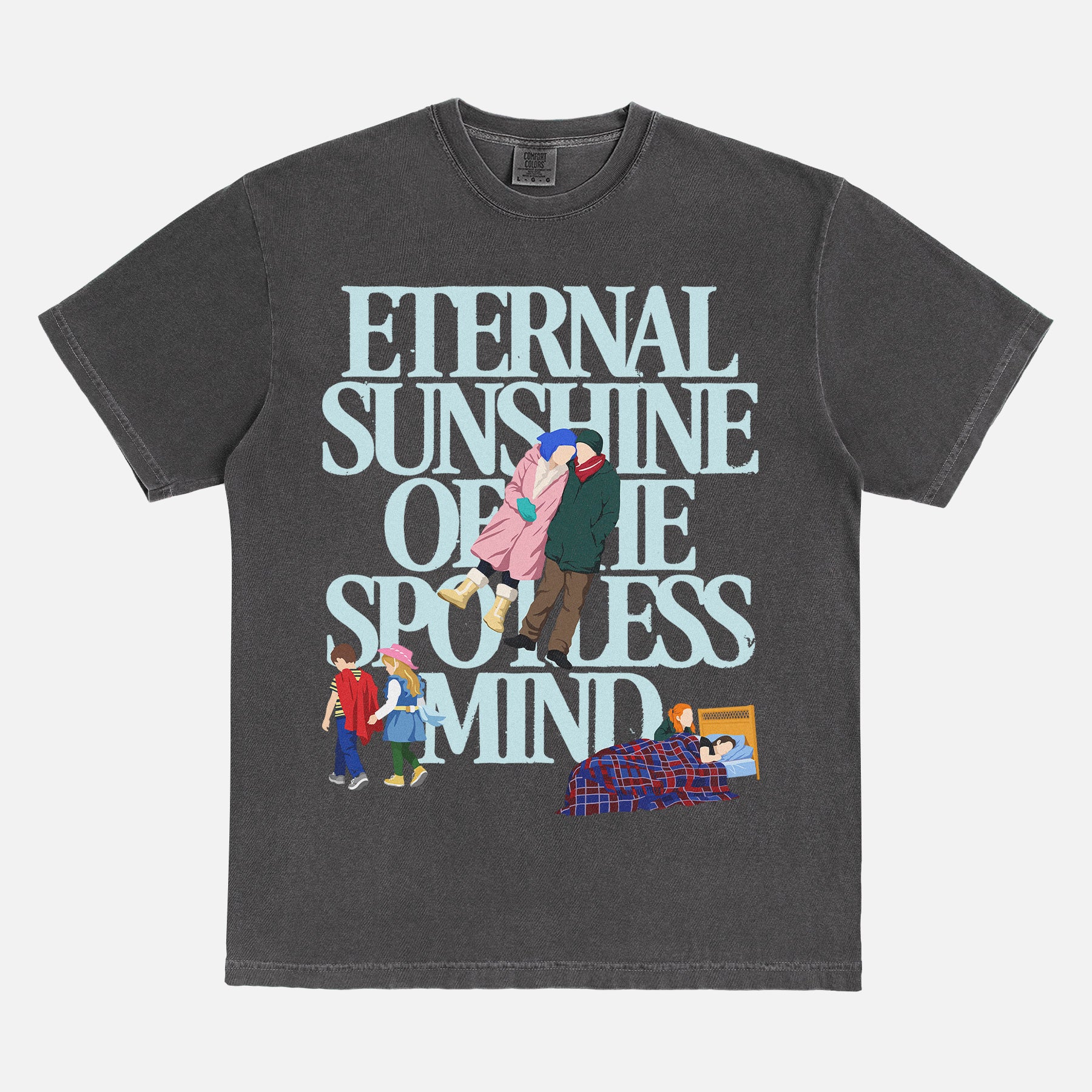 Cute Eternal Sunshine of the spotless mind movie t-shirt with large oversized front print illustrations of scenes from the movie on a vintage faded black unisex graphic tee
