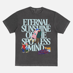 Cute Eternal Sunshine of the spotless mind movie t-shirt with large oversized front print illustrations of scenes from the movie on a vintage faded black unisex graphic tee