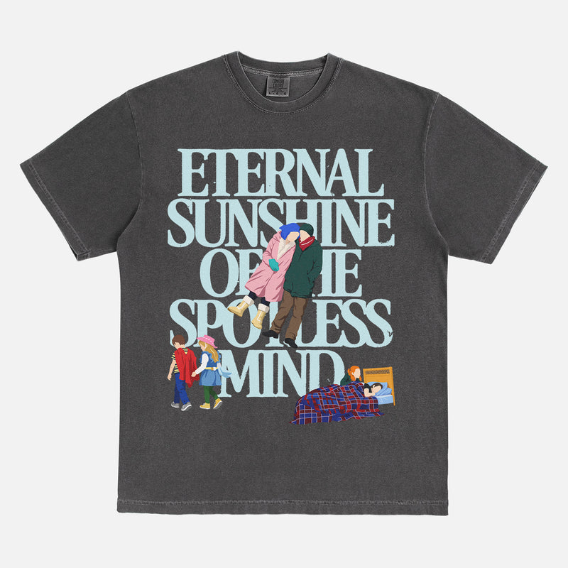 Cute Eternal Sunshine of the spotless mind movie t-shirt with large oversized front print illustrations of scenes from the movie on a vintage faded black unisex graphic tee