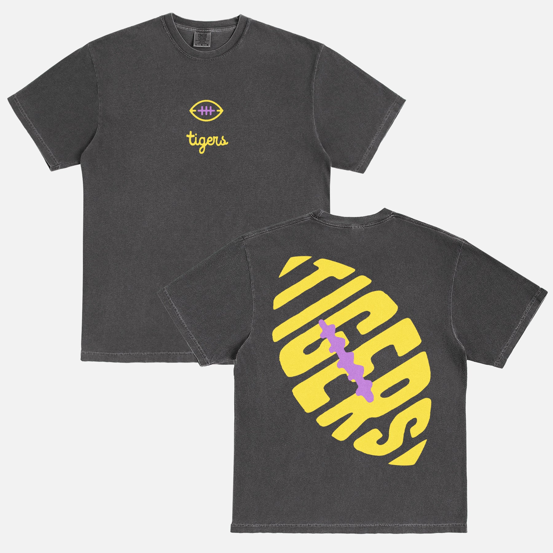 Cute vintage LSU tigers football shirt with retro gold and purple lettering and front and back print on a washed black comfort colors graphic tee