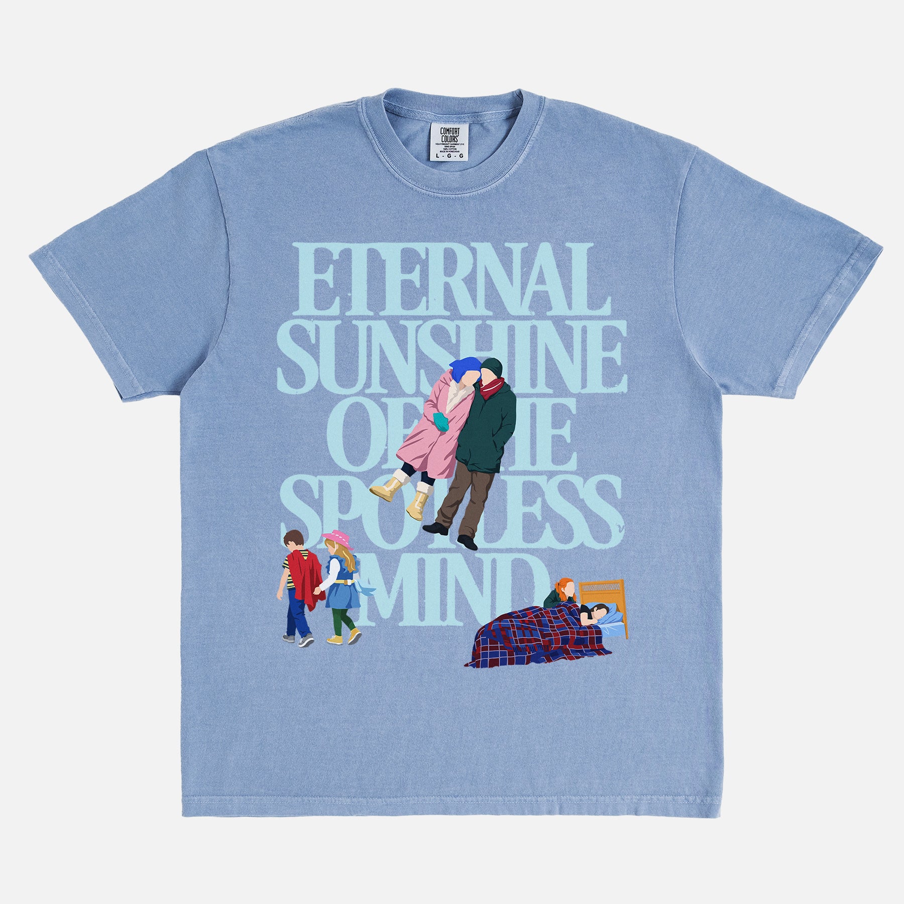 Cute Eternal Sunshine of the spotless mind movie t-shirt with large oversized front print illustrations of scenes from the movie on a vintage faded blue unisex graphic tee