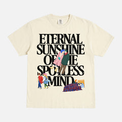 Cute Eternal Sunshine of the spotless mind movie t-shirt with large oversized front print illustrations of scenes from the movie on a vintage off white  unisex graphic tee