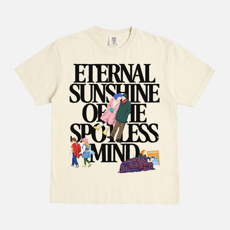 Cute Eternal Sunshine of the spotless mind movie t-shirt with large oversized front print illustrations of scenes from the movie on a vintage off white  unisex graphic tee