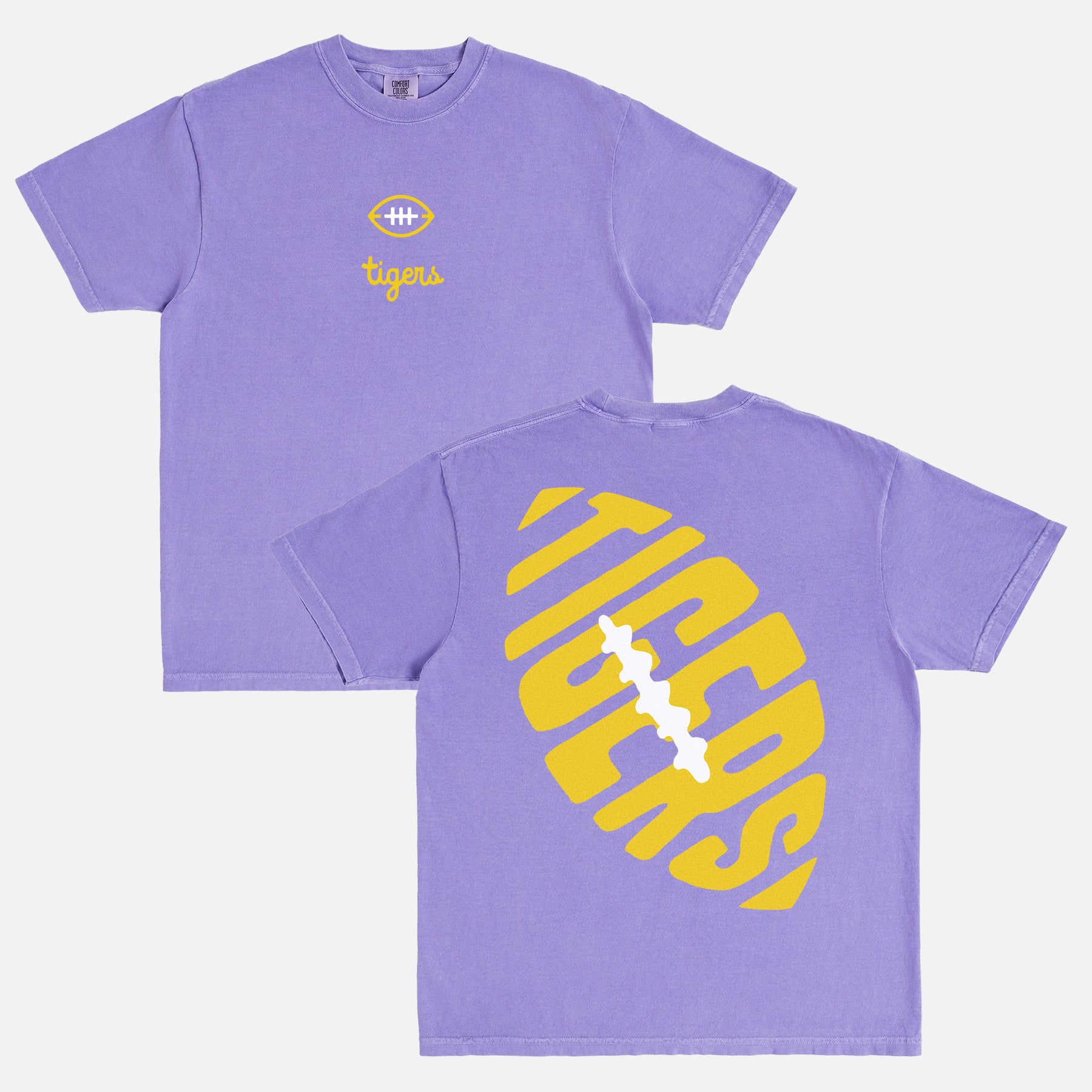Cute vintage LSU tigers football shirt with retro gold lettering and front and back print on a washed purple comfort colors graphic tee