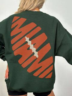 Cute vintage oversized Miami Hurricanes heavyweight football streetwear sweatshirt in grey with front and back orange and green print