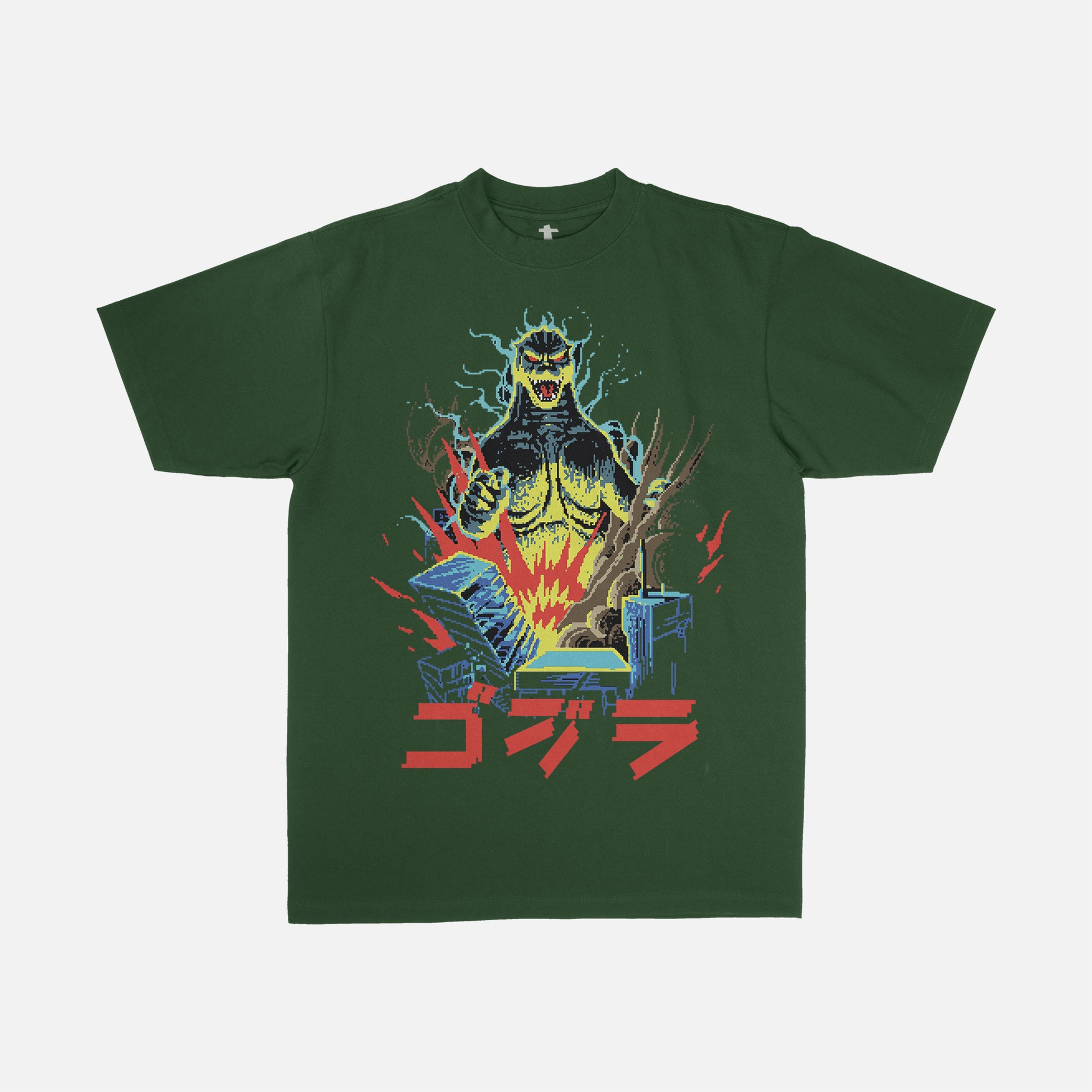 Dark green Godzilla 8 Bit Japanese movie poster streetwear t-shirt