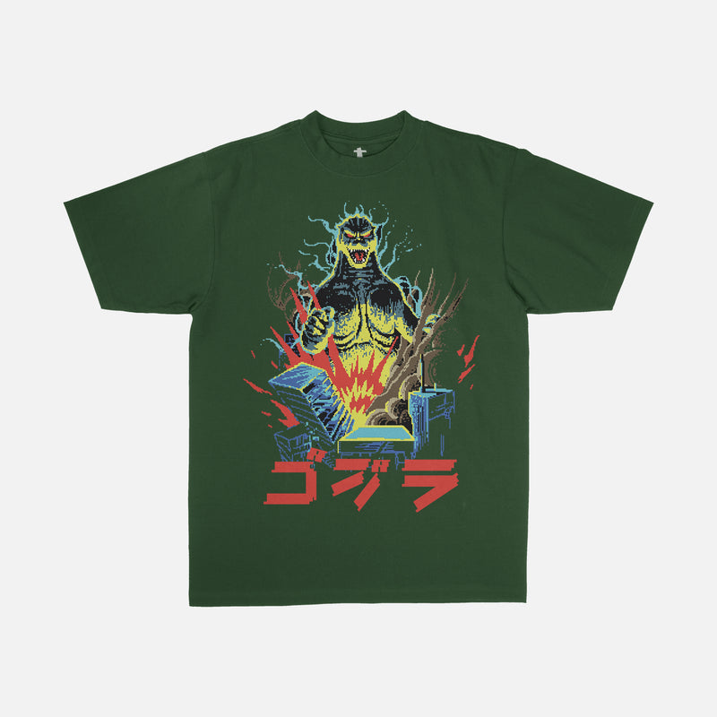 Dark green Godzilla 8 Bit Japanese movie poster streetwear t-shirt