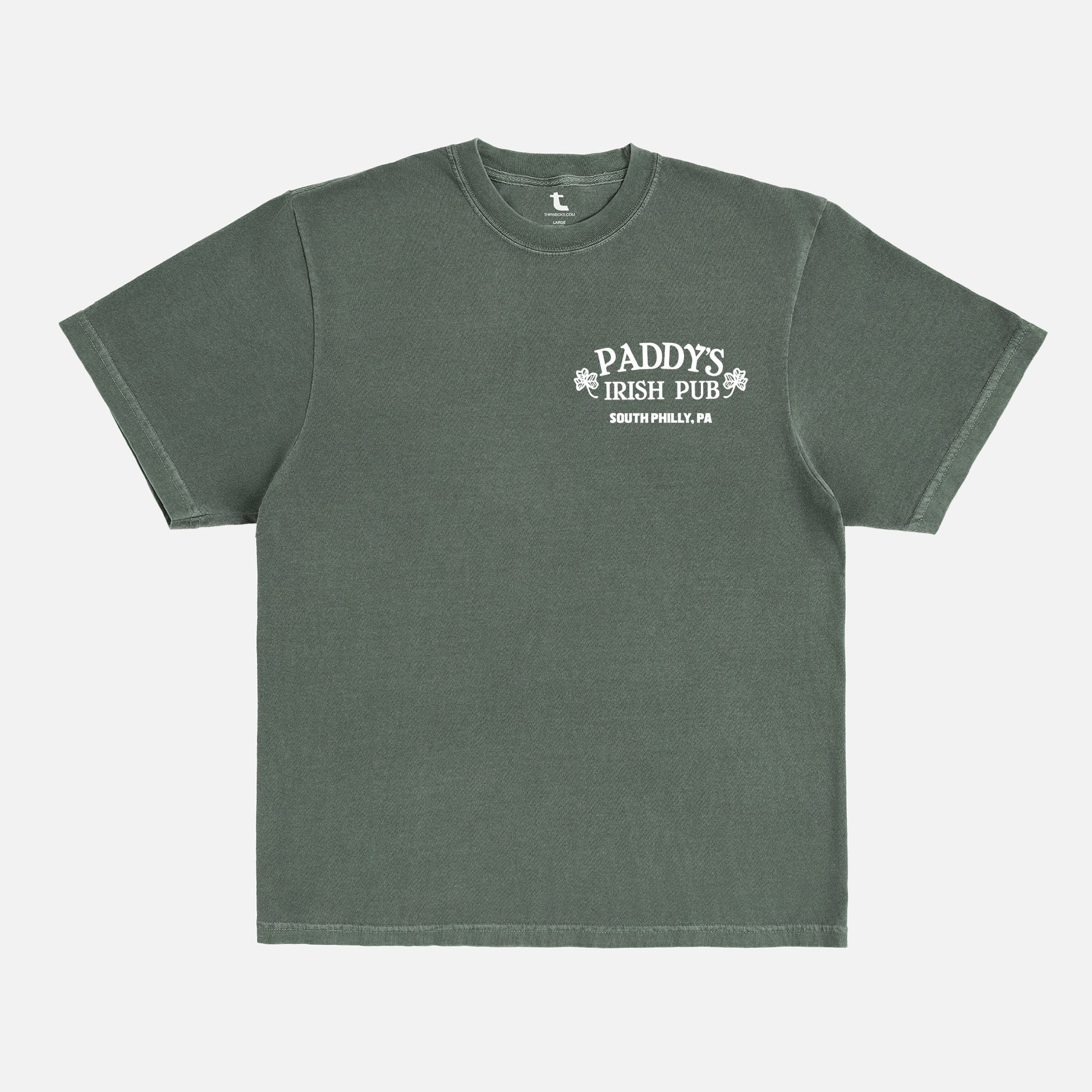 faded washed green comfort colors Its Always Sunny in Philadelphia tv show graphic tee shirt with funny vintage Paddy's Irish Pub logo and back graphic for sale at Throwbacks