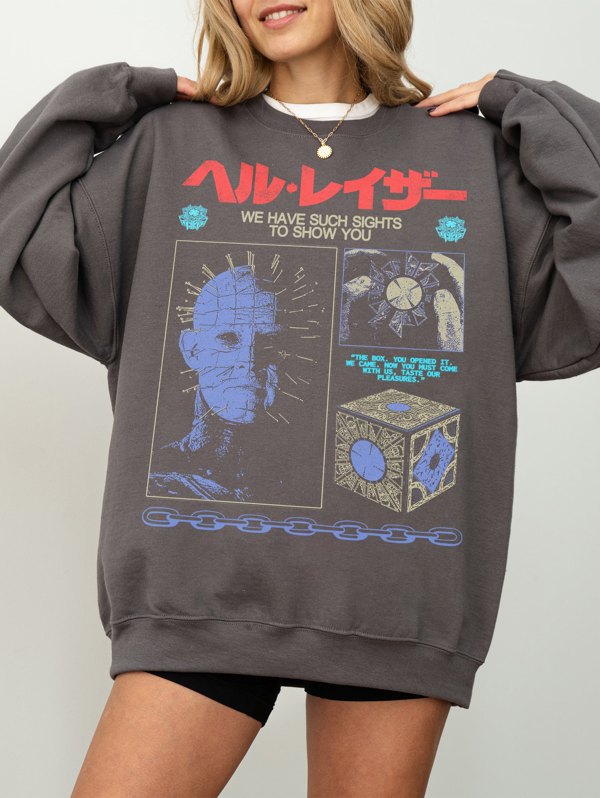 dark grey gothic movie streetwear style Hellraiser movie sweatshirt for horror fans with grunge Pinhead art and japanese movie poster text