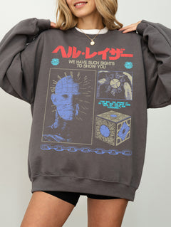 dark grey gothic movie streetwear style Hellraiser movie sweatshirt for horror fans with grunge Pinhead art and japanese movie poster text