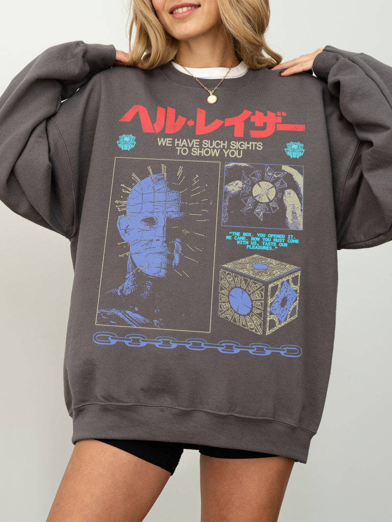 dark grey gothic movie streetwear style Hellraiser movie sweatshirt for horror fans with grunge Pinhead art and japanese movie poster text