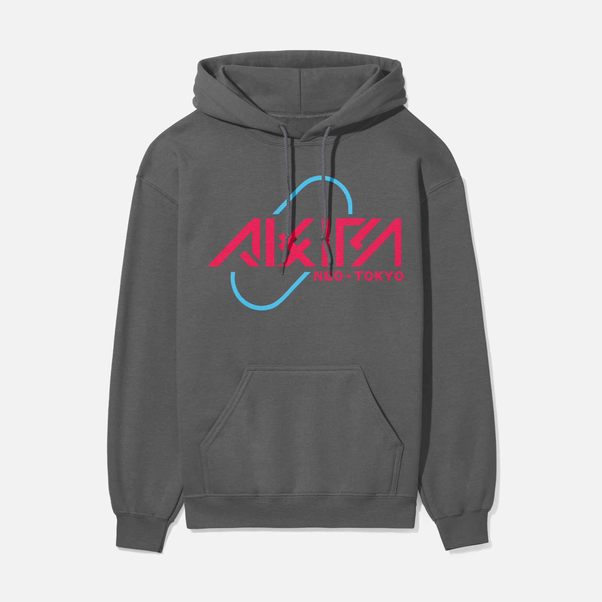 Modern Akira Anime streetwear hoodie with red and blue pill graphic and Neo Tokyo Text, cool dark charcoal grey Akira manga anime sweatshirt for men and women for sale at Throwbacks