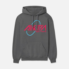 Modern Akira Anime streetwear hoodie with red and blue pill graphic and Neo Tokyo Text, cool dark charcoal grey Akira manga anime sweatshirt for men and women for sale at Throwbacks