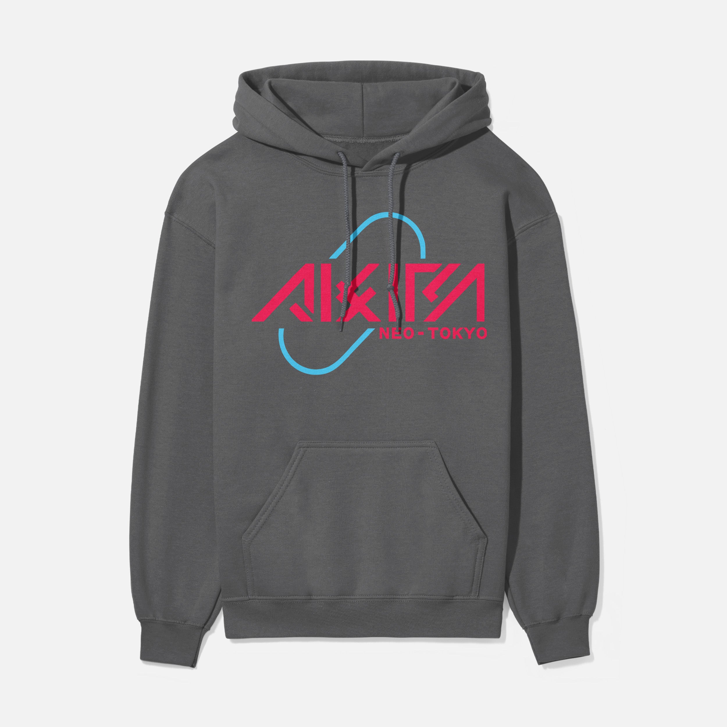 Modern Akira Anime streetwear hoodie with red and blue pill graphic and Neo Tokyo Text, cool dark charcoal grey Akira manga anime sweatshirt for men and women for sale at Throwbacks