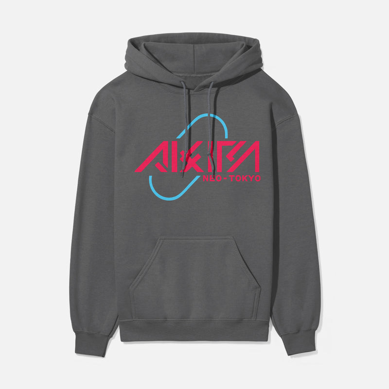 Modern Akira Anime streetwear hoodie with red and blue pill graphic and Neo Tokyo Text, cool dark charcoal grey Akira manga anime sweatshirt for men and women for sale at Throwbacks