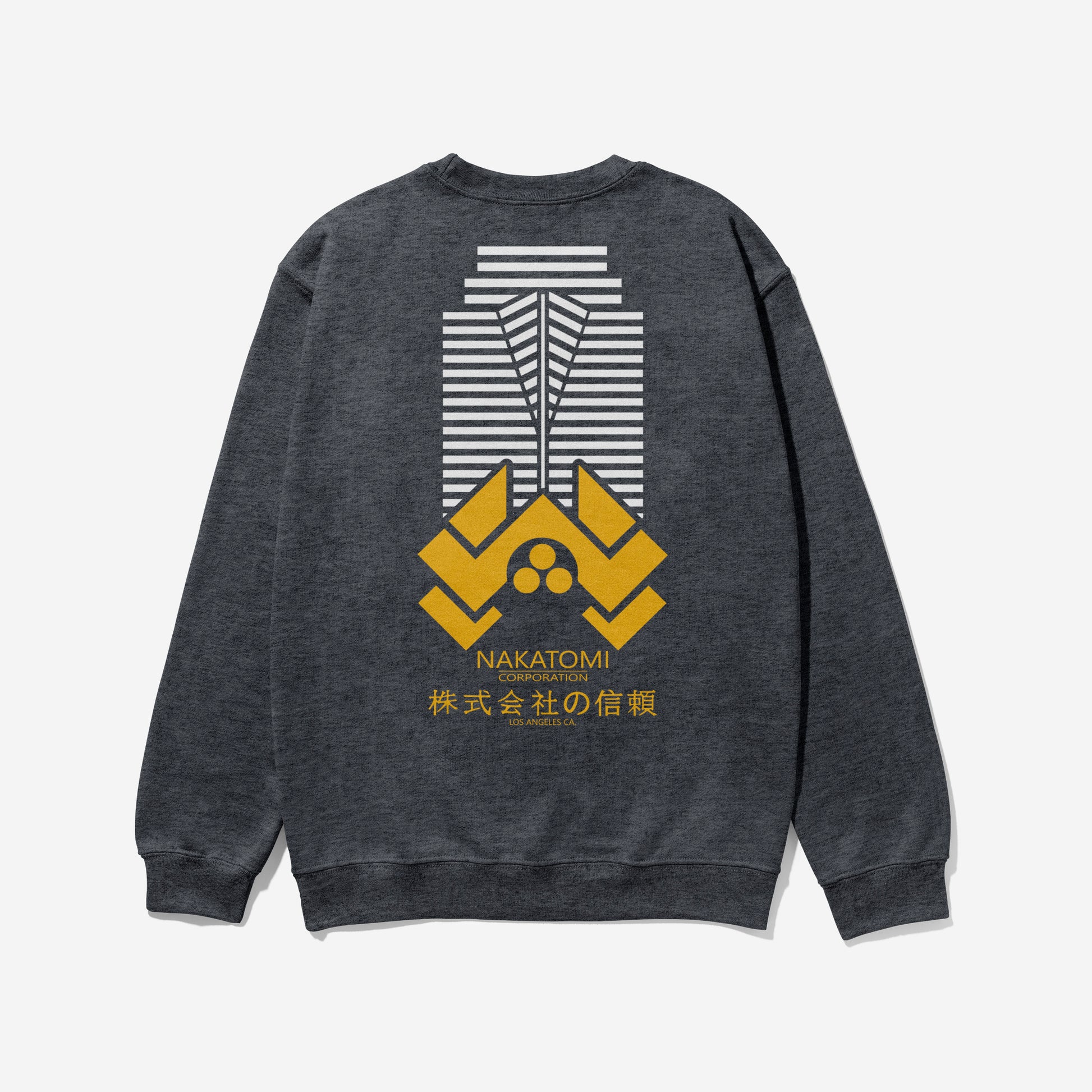 Dark Heather Grey Die Hard movie sweatshirt with Nakatomi Plaza logo on front and tower and Japanese text on the back
