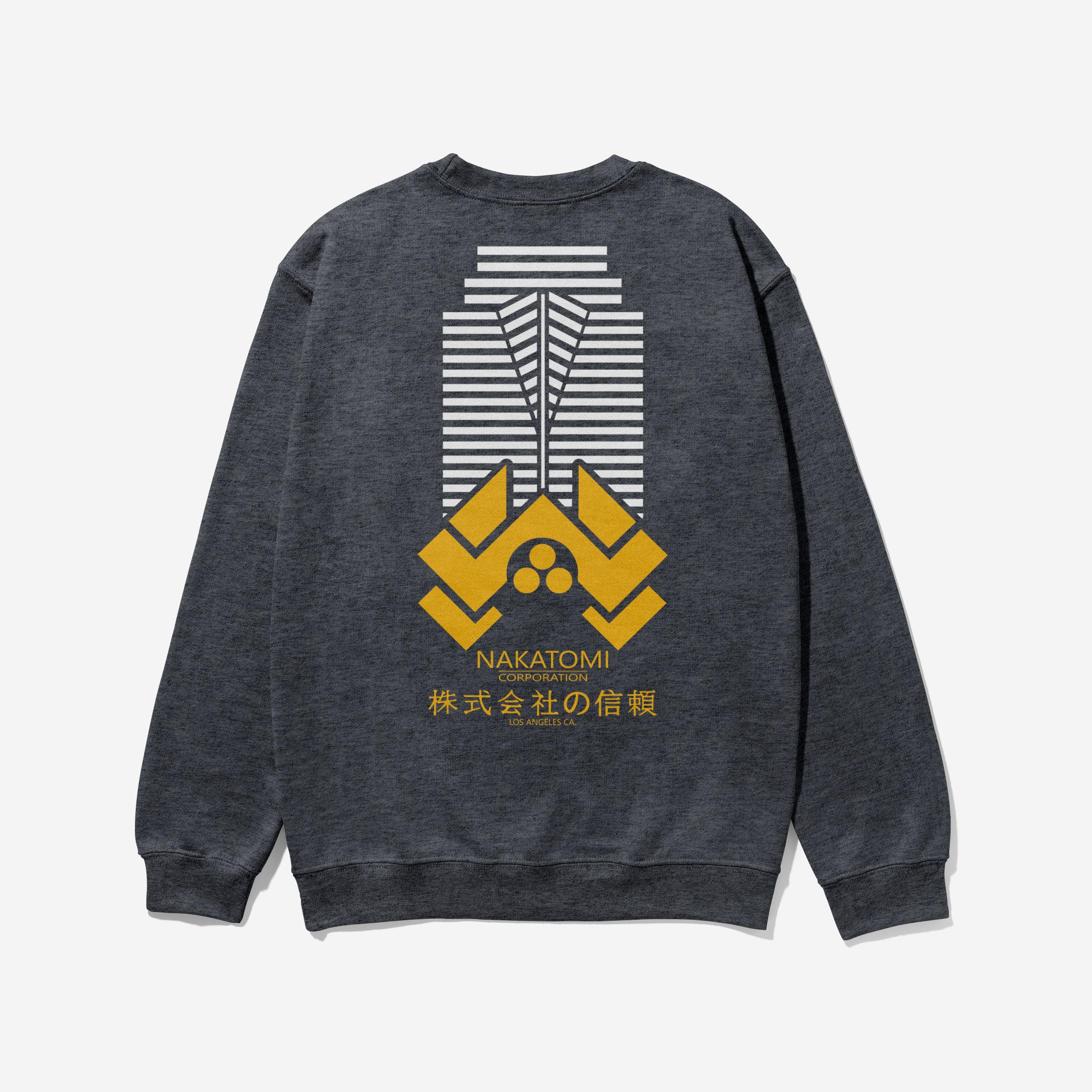 Dark Heather Grey Die Hard movie sweatshirt with Nakatomi Plaza logo on front and tower and Japanese text on the back