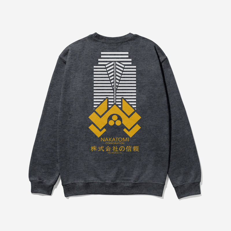 Dark Heather Grey Die Hard movie sweatshirt with Nakatomi Plaza logo on front and tower and Japanese text on the back