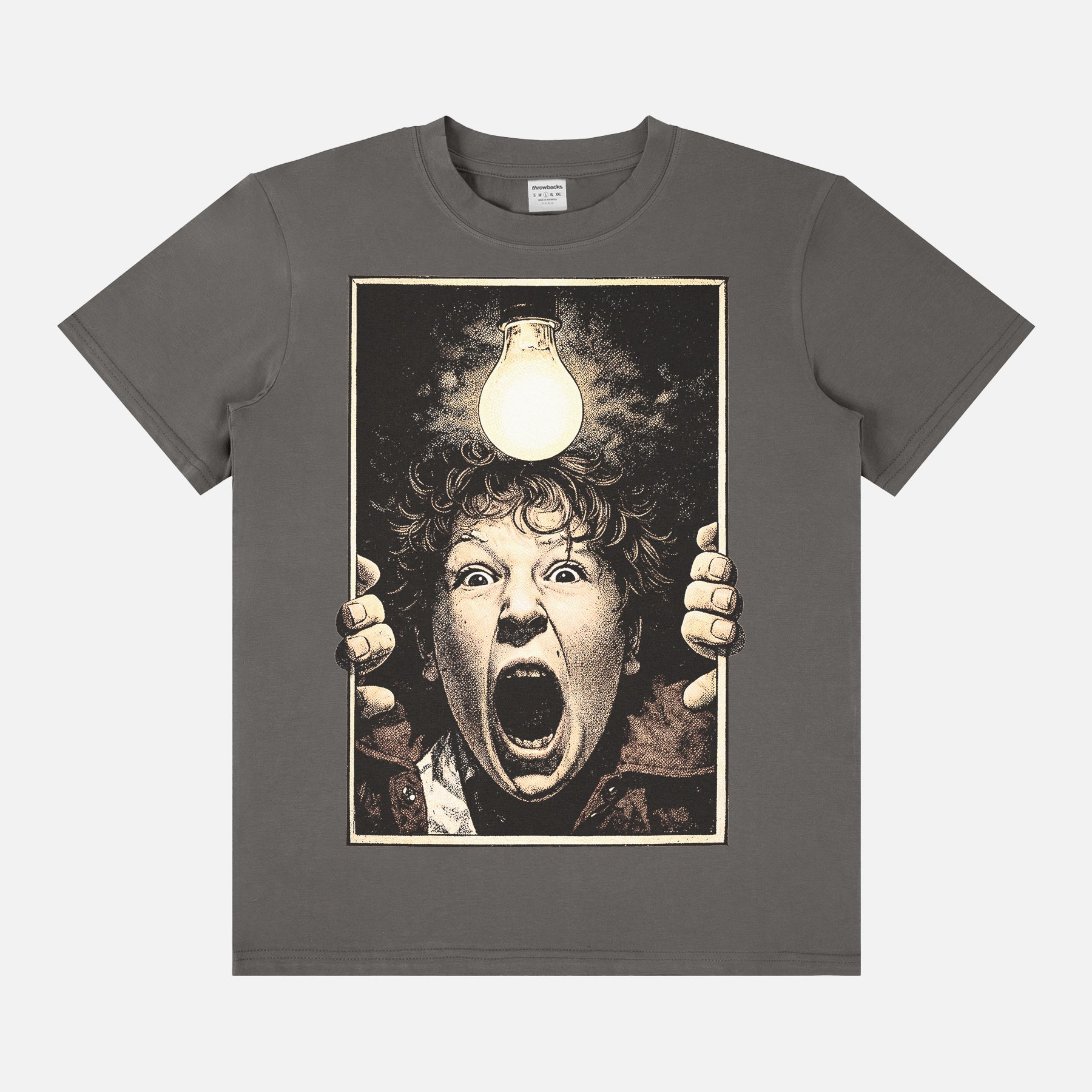 The Goonies movie t-shirt with Chunk in the Freezer scene on a dark grey graphic tee