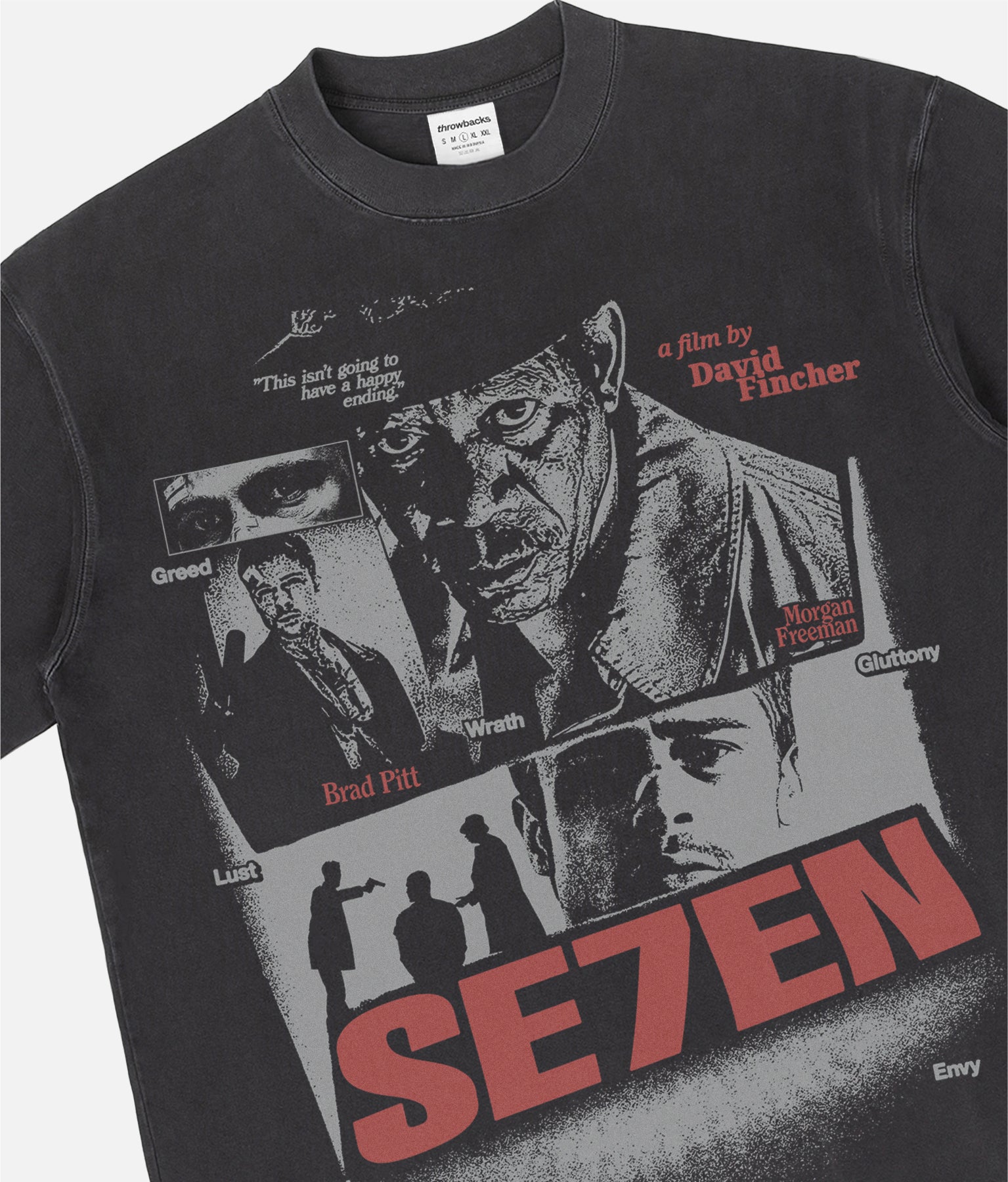 Se7en David Fincher Movie graphic t-shirt with grunge streetwear movie poster on a faded black heavyweight shirt