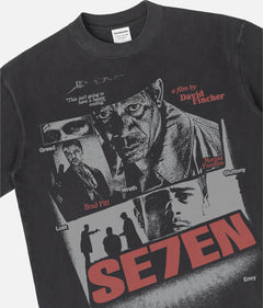 Se7en David Fincher Movie graphic t-shirt with grunge streetwear movie poster on a faded black heavyweight shirt