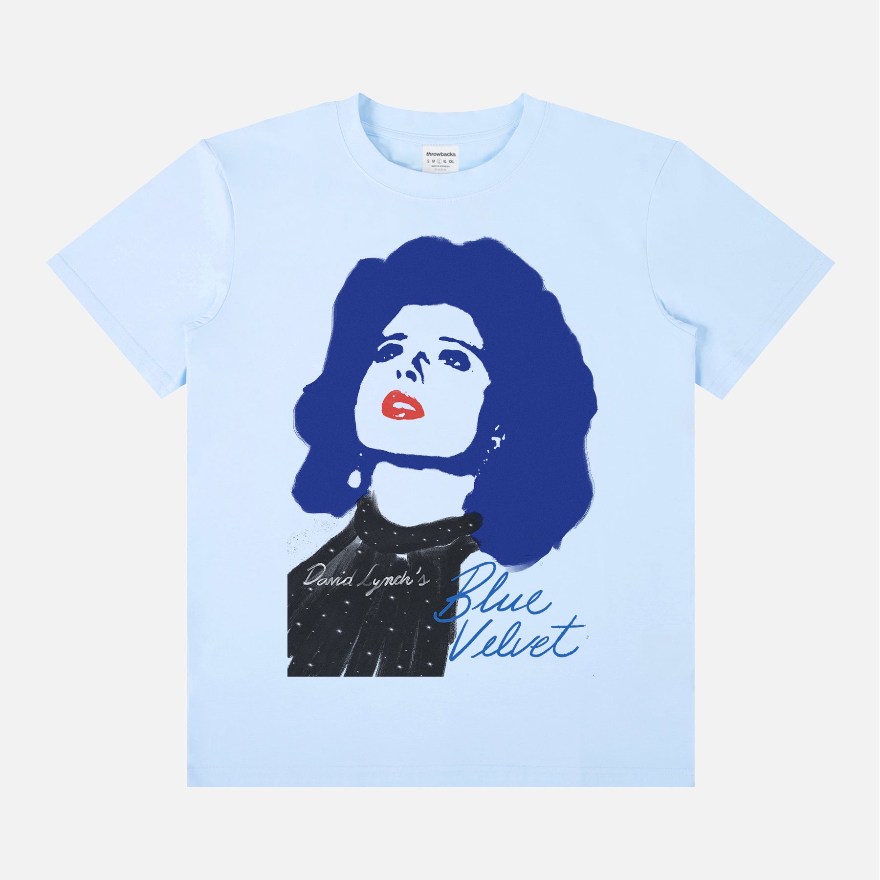 Retro David Lynch's Blue Velvet movie t-shirt with Dorothy Vallens illustration on a unisex light blue graphic tee