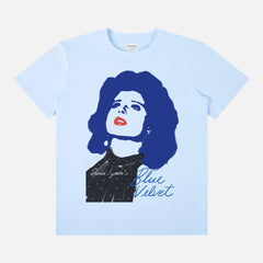 Retro David Lynch's Blue Velvet movie t-shirt with Dorothy Vallens illustration on a unisex light blue graphic tee