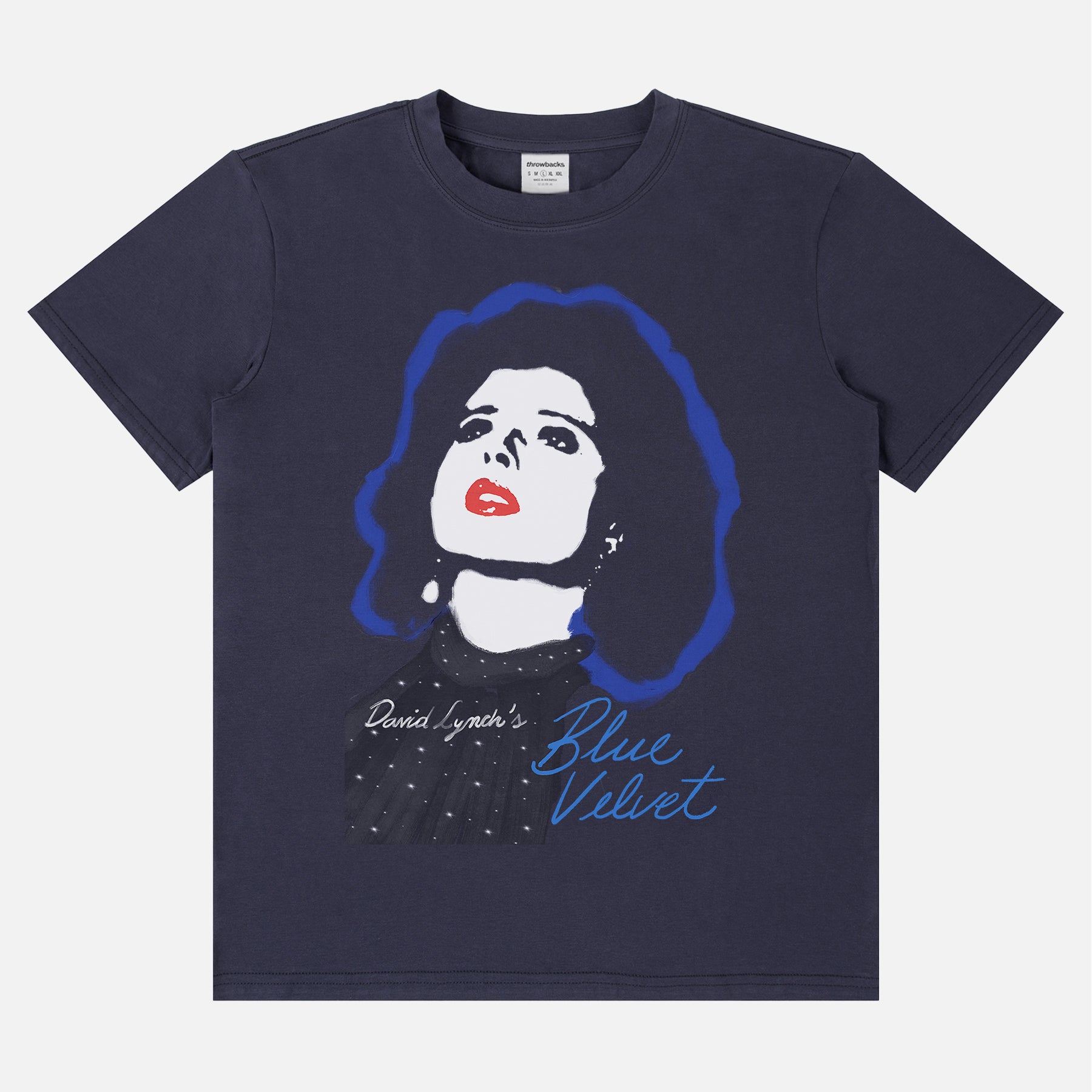 Retro David Lynch's Blue Velvet movie t-shirt with Dorothy Vallens illustration on a unisex navy graphic tee
