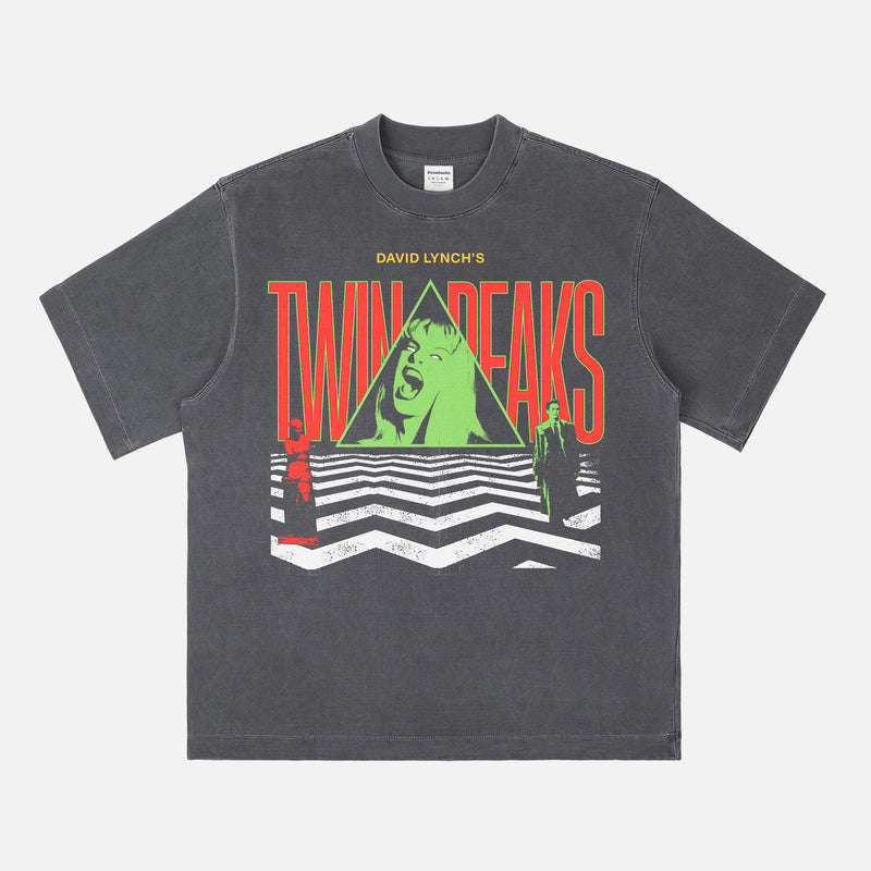 Washed black Twin Peaks graphic tee shirt for david lynch and fire walk with me movie and tv show fans