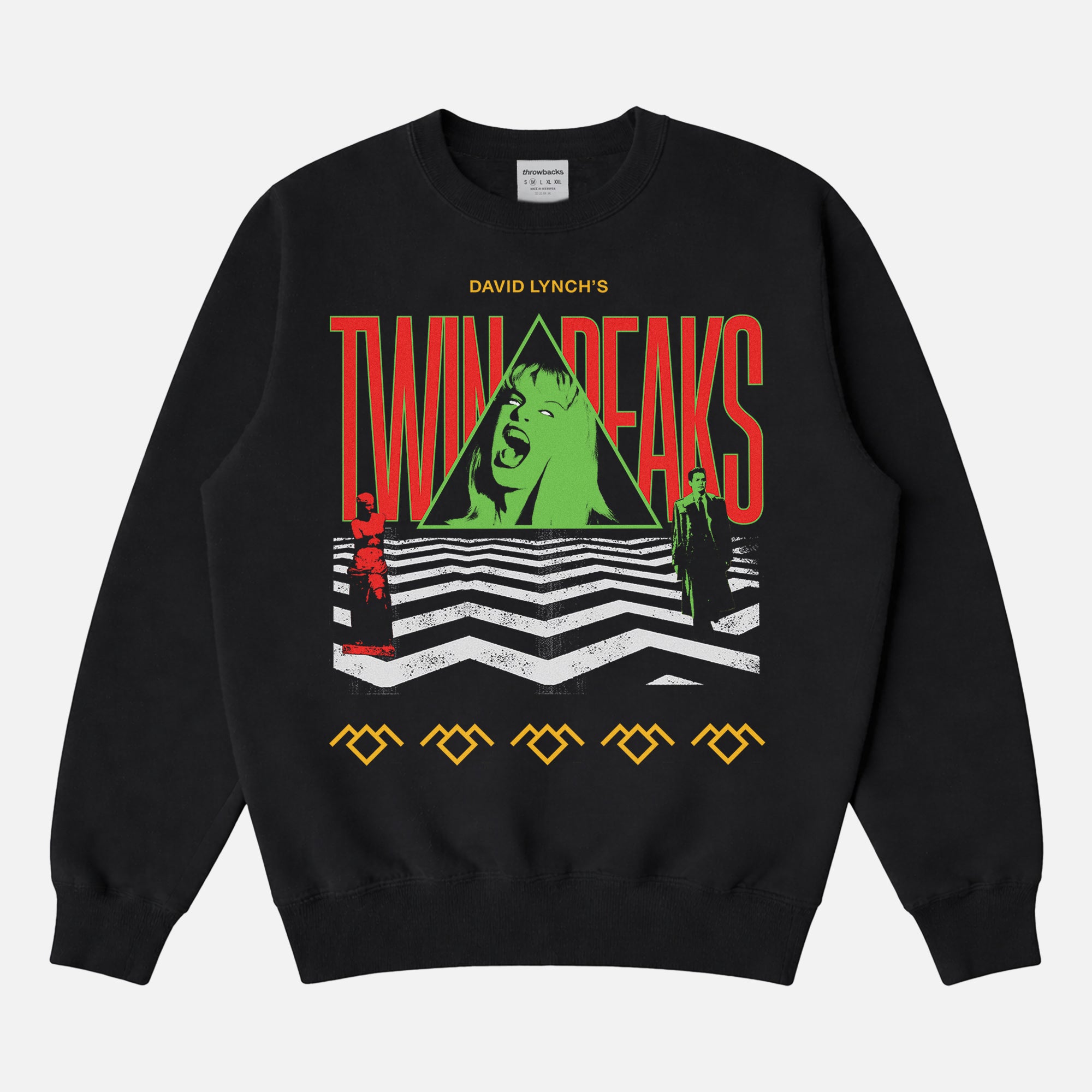 Twin Peaks TV Shows sweatshirt with Laura Palmer rug pattern and david lynch Fire Walk With Me graphics on a unisex black crewneck