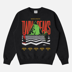 Twin Peaks TV Shows sweatshirt with Laura Palmer rug pattern and david lynch Fire Walk With Me graphics on a unisex black crewneck