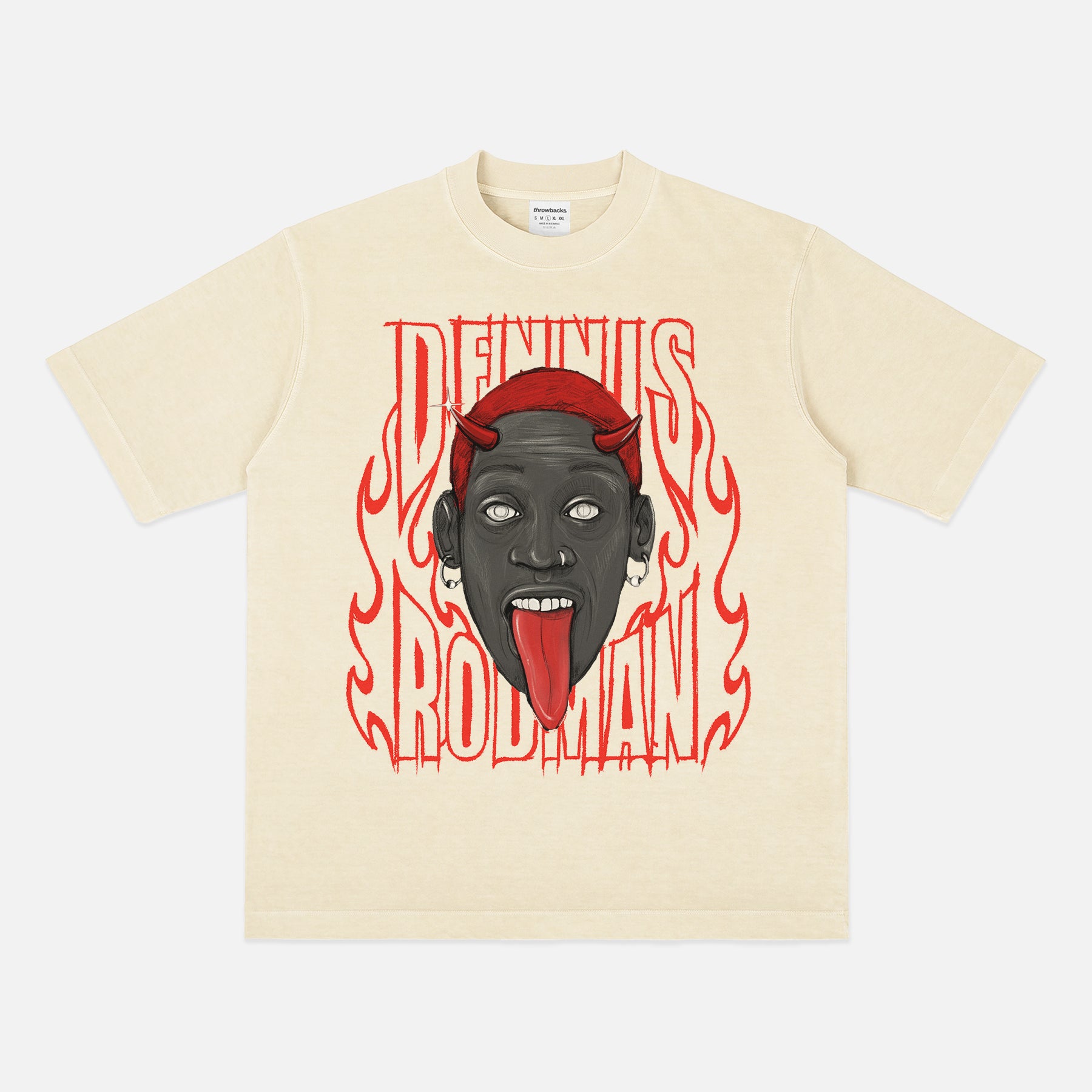 Dennis Rodman devil horns streetwear basketball t-shirt for Chicago Bulls fans on a off white and red heavyweight bootleg graphic tee