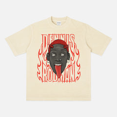 Dennis Rodman devil horns streetwear basketball t-shirt for Chicago Bulls fans on a off white and red heavyweight bootleg graphic tee