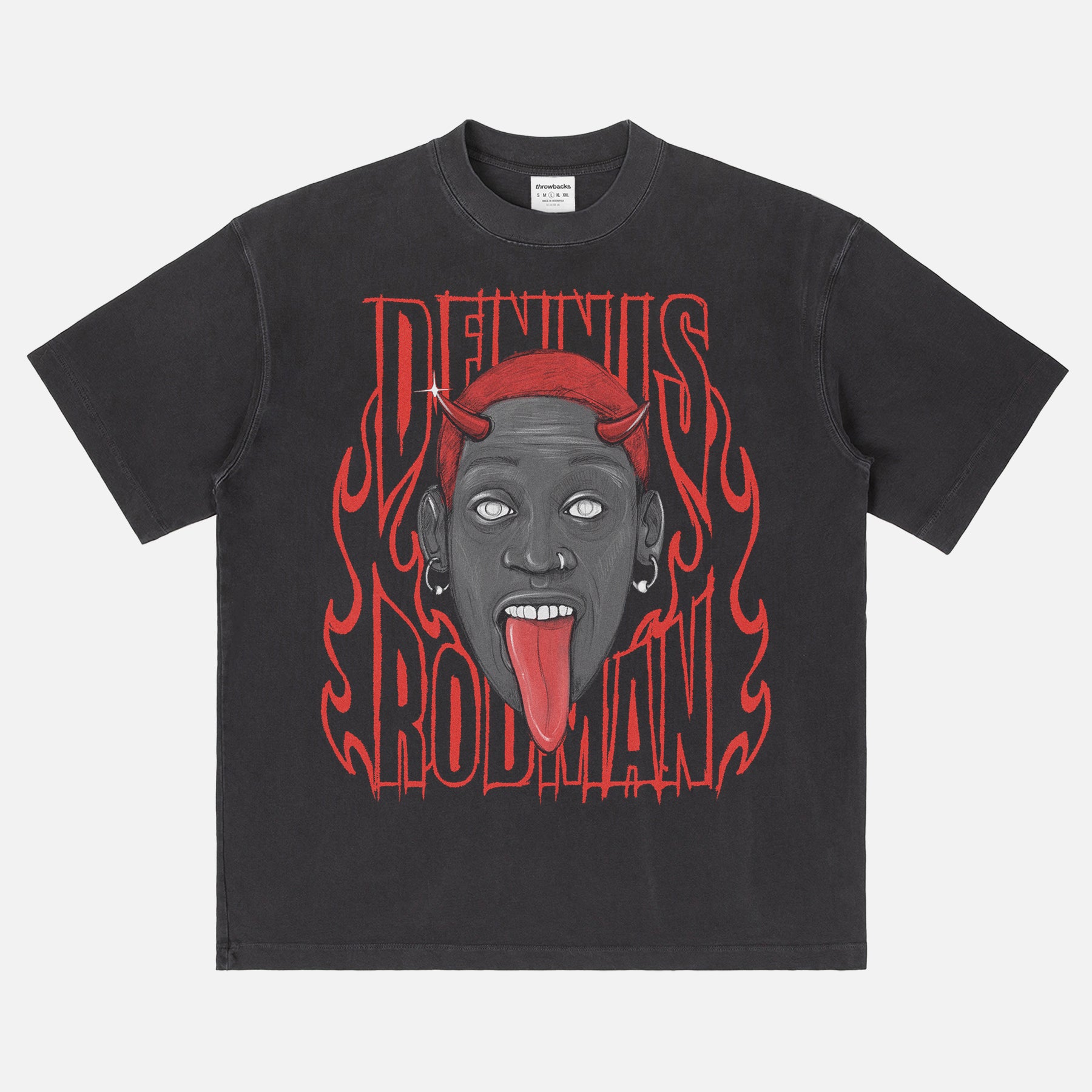 Dennis Rodman devil horns streetwear basketball t-shirt for Chicago Bulls fans on a washed black heavyweight bootleg graphic tee