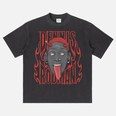 Dennis Rodman devil horns streetwear basketball t-shirt for Chicago Bulls fans on a washed black heavyweight bootleg graphic tee