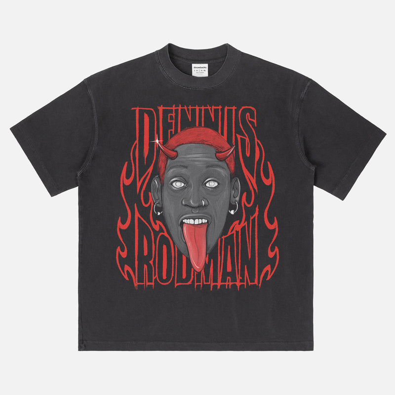 Dennis Rodman devil horns streetwear basketball t-shirt for Chicago Bulls fans on a washed black heavyweight bootleg graphic tee