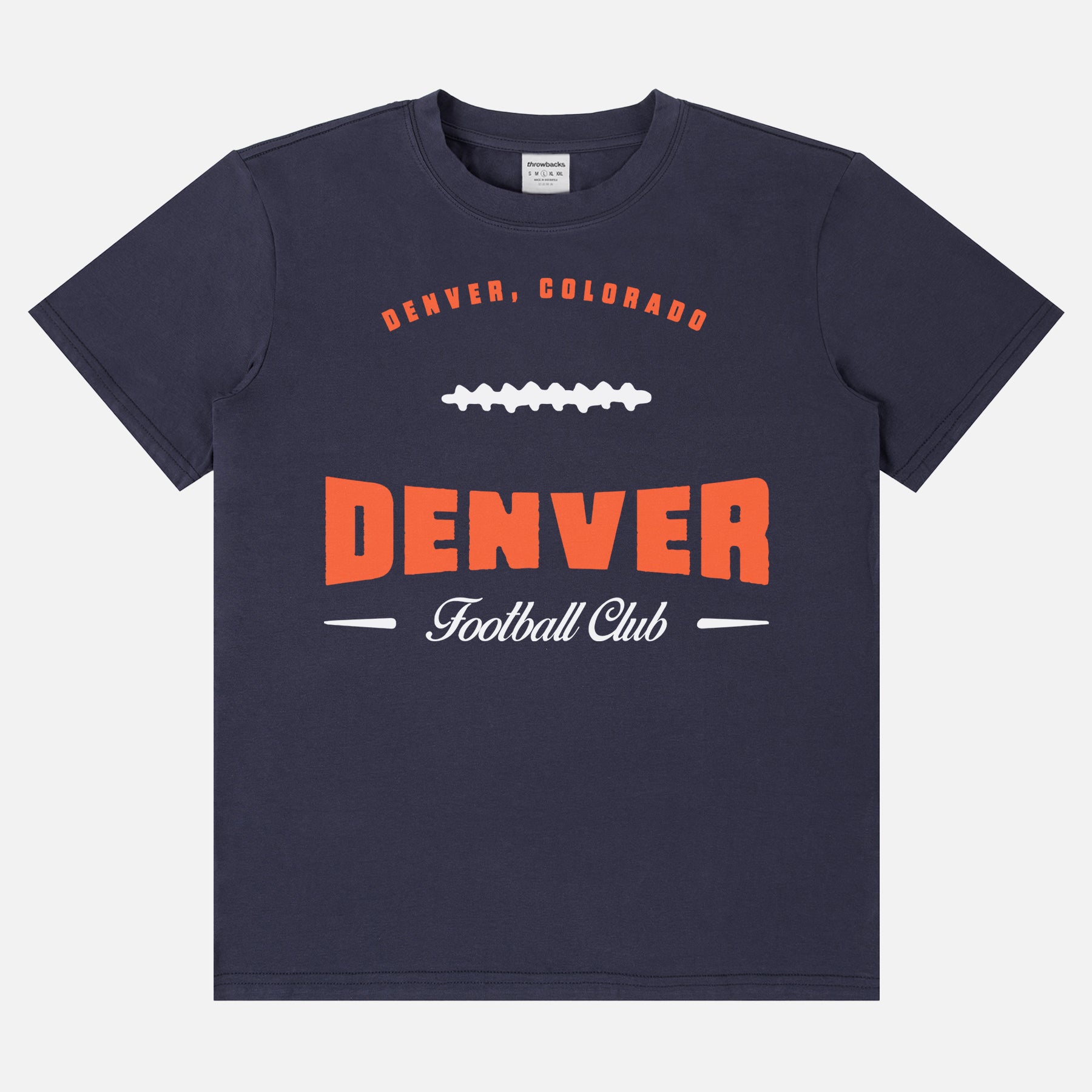 Retro Denver Broncos football fan graphic tee shirt featuring a custom vintage illustration reading Denver Football Club printed on a Champion Brand unisex t-shirt, vintage orange Denver tee