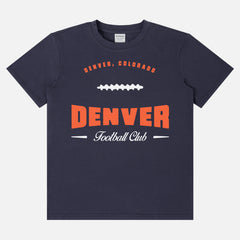Retro Denver Broncos football fan graphic tee shirt featuring a custom vintage illustration reading Denver Football Club printed on a Champion Brand unisex t-shirt, vintage orange Denver tee