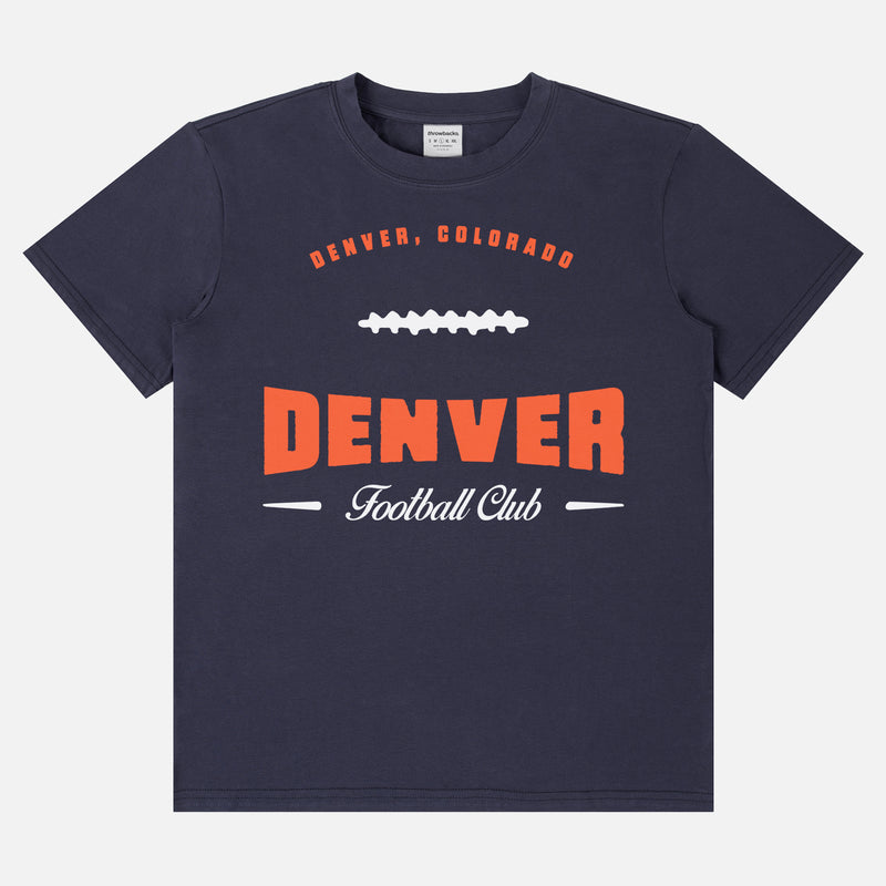 Retro Denver Broncos football fan graphic tee shirt featuring a custom vintage illustration reading Denver Football Club printed on a Champion Brand unisex t-shirt, vintage orange Denver tee