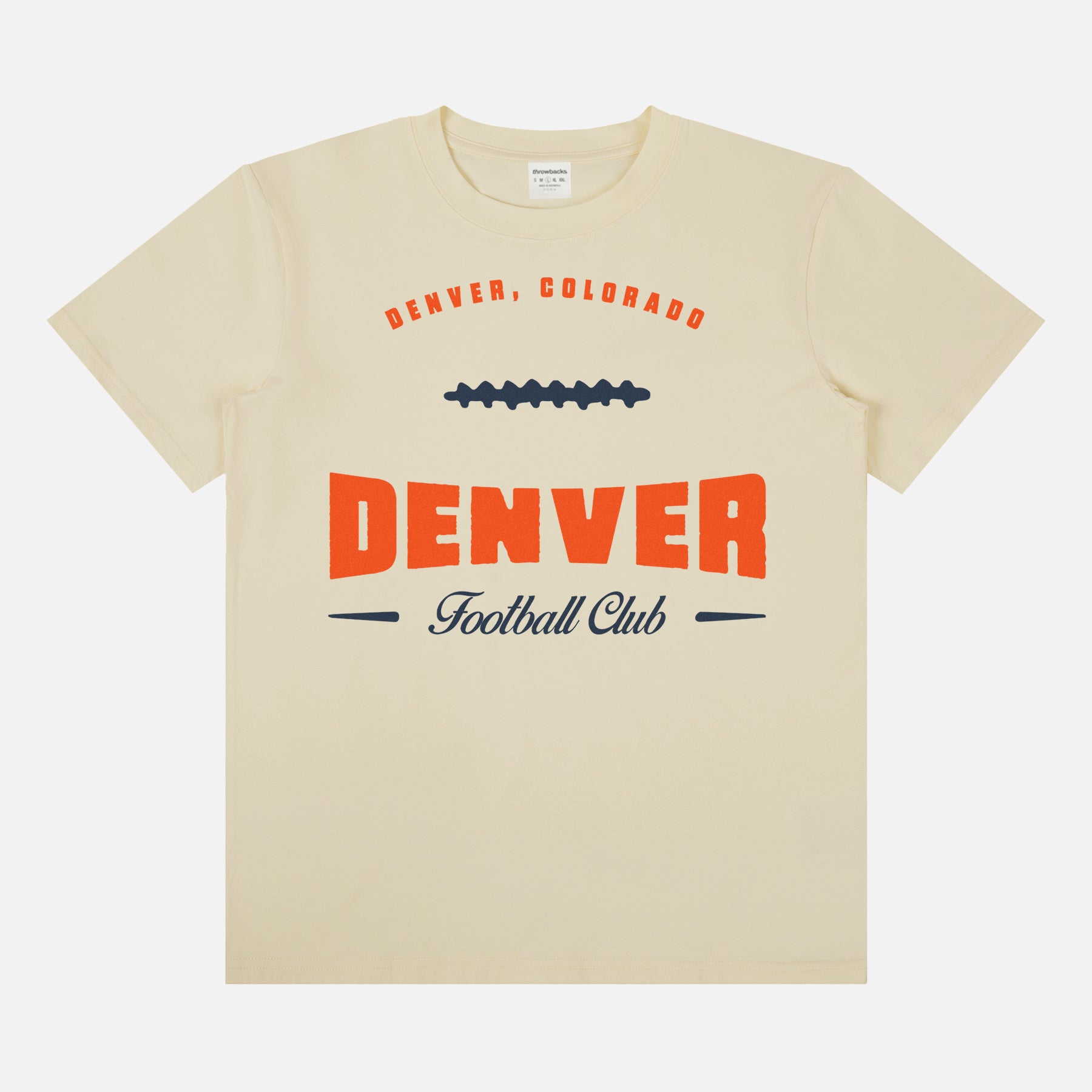 Retro Denver Broncos football fan graphic tee shirt featuring a custom vintage illustration reading Denver Football Club printed on a Champion Brand unisex t-shirt, vintage orange Denver tee