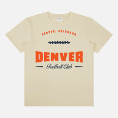 Retro Denver Broncos football fan graphic tee shirt featuring a custom vintage illustration reading Denver Football Club printed on a Champion Brand unisex t-shirt, vintage orange Denver tee