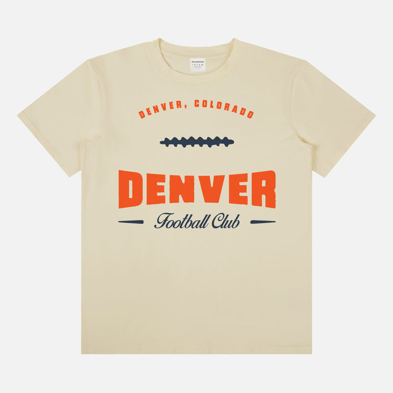 Retro Denver Broncos football fan graphic tee shirt featuring a custom vintage illustration reading Denver Football Club printed on a Champion Brand unisex t-shirt, vintage orange Denver tee