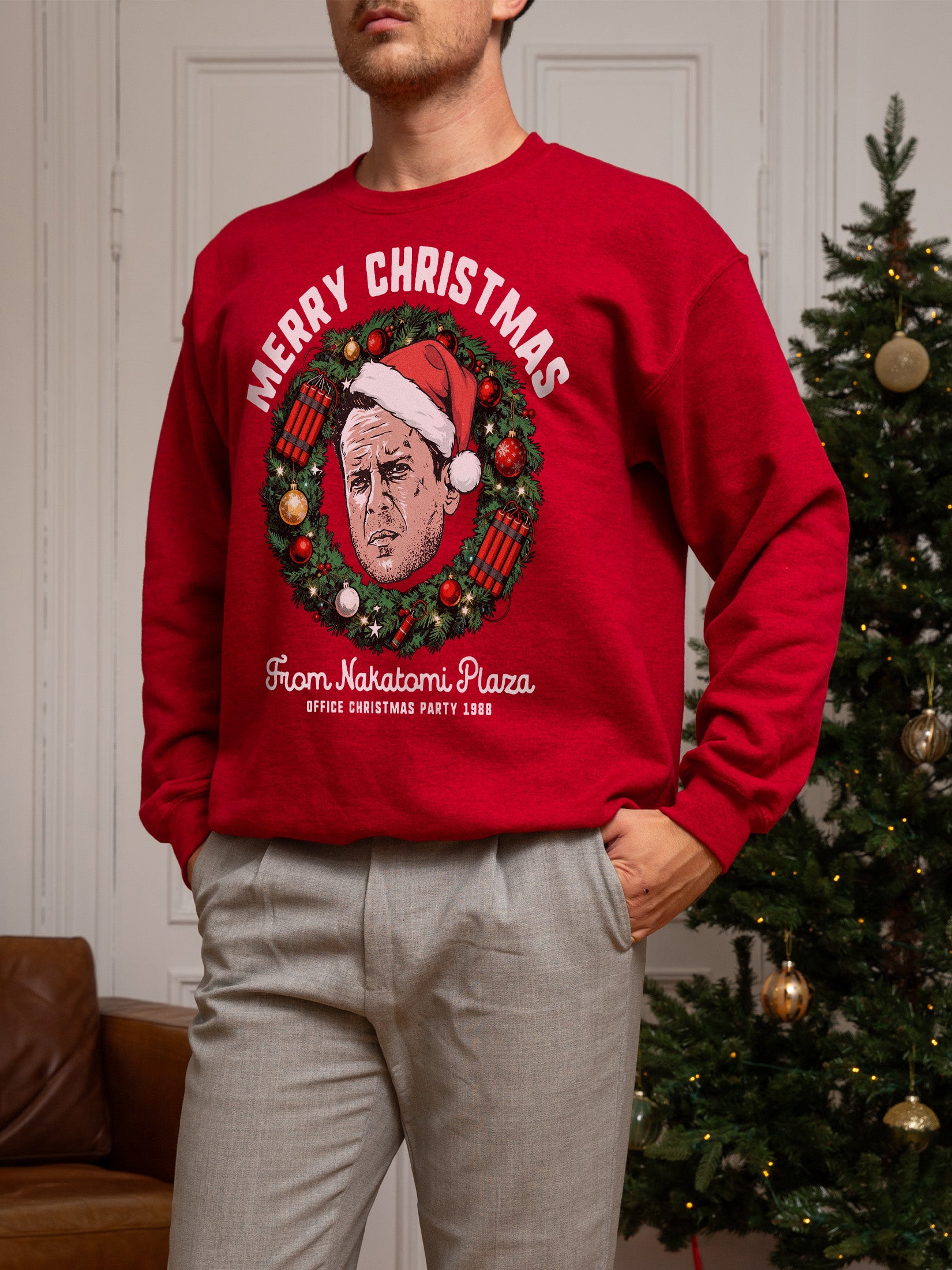 Funny Die Hard Christmas Movie sweatshirt, retro 80s John McClane NAkatomi plaza ugly xmas sweater in red at Throwbacks