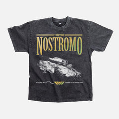 USCSS Nostromo logo and ship movie poster t-shirt for alien 1979 movie fans, weyland yutani corporation logo on oversized distressed black sci-fi horror movie tee